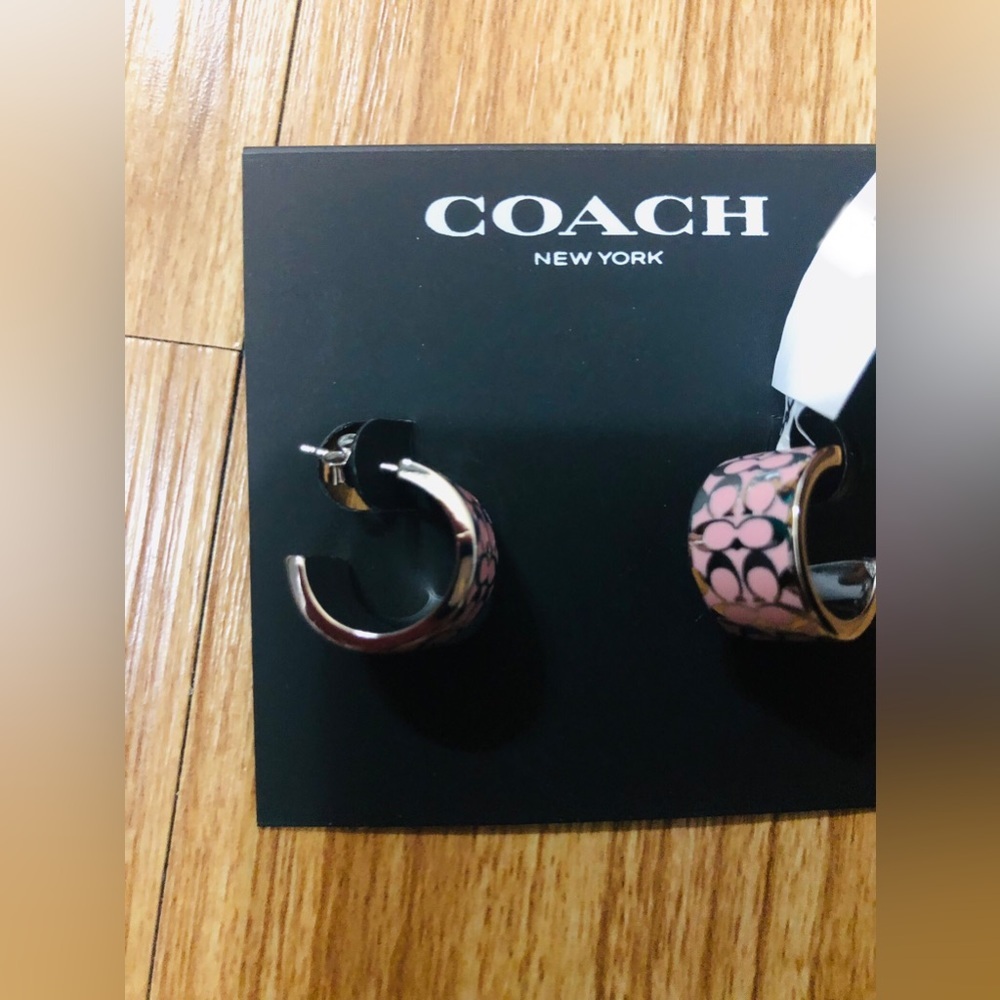 Coach silver plated pink monogram half moon stud earrings‎ NEW - Picture 2 of 8